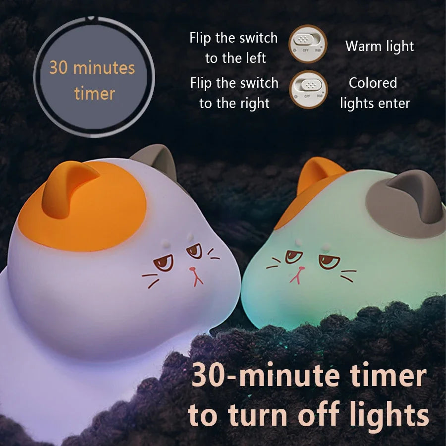 Gluttonous Cat Silicone Night Light – Rechargeable Touch Lamp for Bedside
