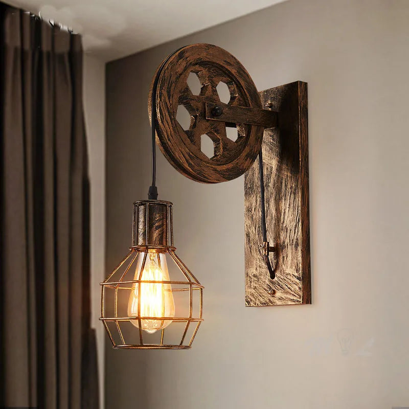 Vintage Pulley Wall Sconce - Industrial LED Light Fixture for Bedroom