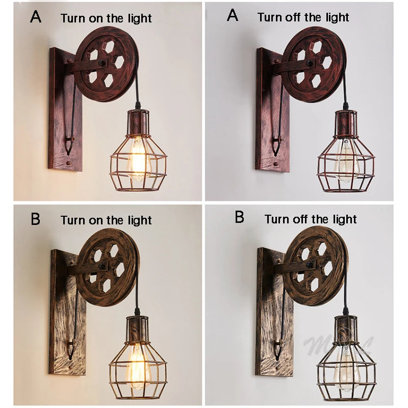 Vintage Pulley Wall Sconce - Industrial LED Light Fixture for Bedroom