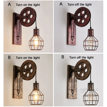 Vintage Pulley Wall Sconce - Industrial LED Light Fixture for Bedroom