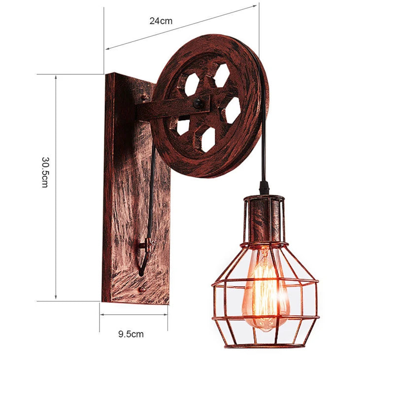 Vintage Pulley Wall Sconce - Industrial LED Light Fixture for Bedroom