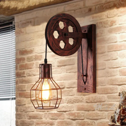 Vintage Pulley Wall Sconce - Industrial LED Light Fixture for Bedroom