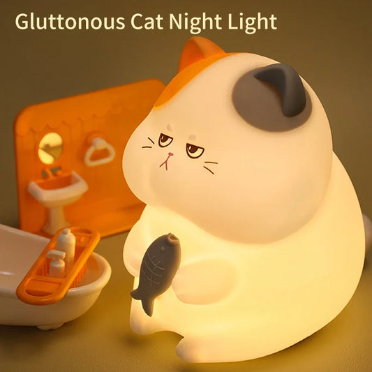 Gluttonous Cat Silicone Night Light – Rechargeable Touch Lamp for Bedside