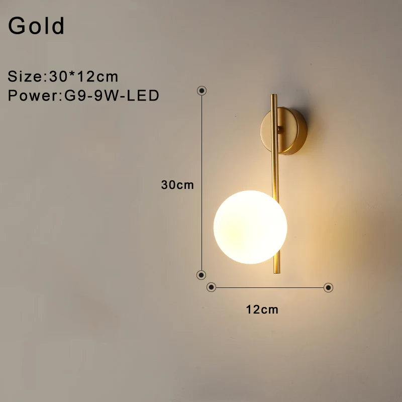 Indoor Glass Ball LED Wall Lamp – Modern Black & Gold Wall Sconce with G9 9W Bulb