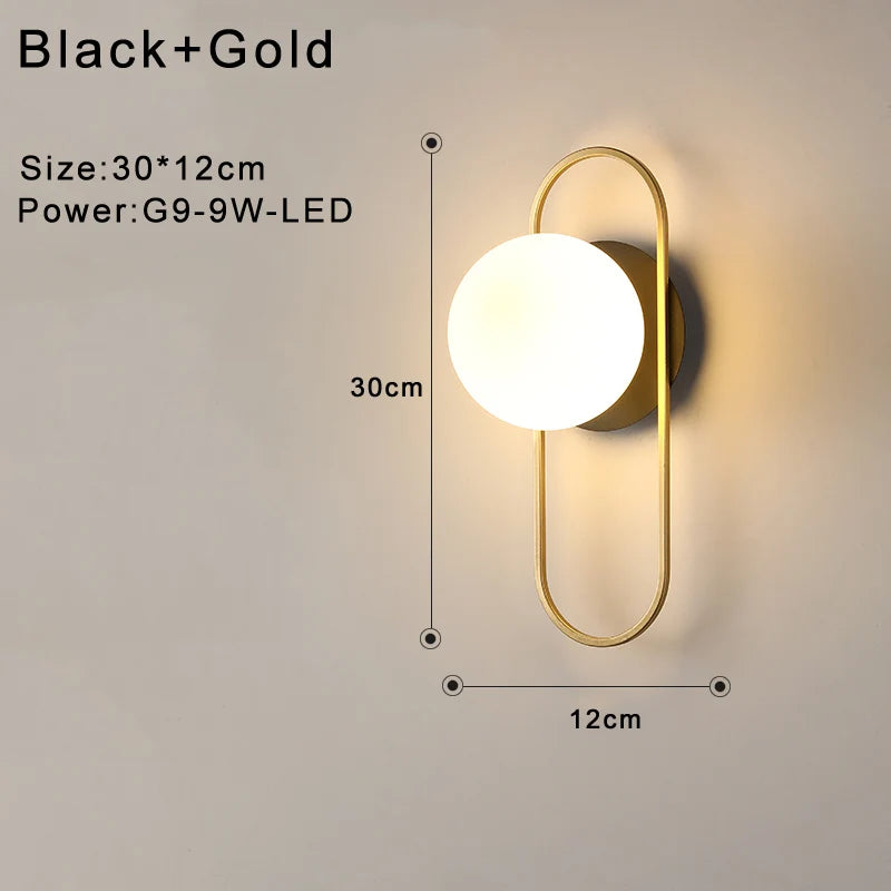 Indoor Glass Ball LED Wall Lamp – Modern Black & Gold Wall Sconce with G9 9W Bulb