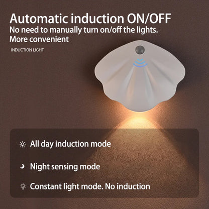 LED Night Light - Motion Sensor Shell Shaped Spotlight with USB Rechargeable Battery