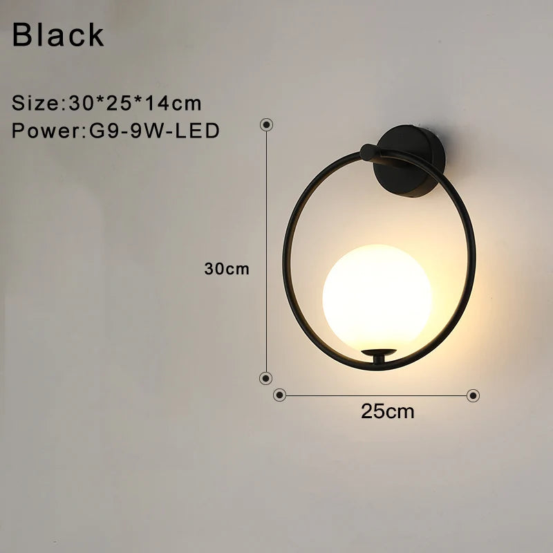Indoor Glass Ball LED Wall Lamp – Modern Black & Gold Wall Sconce with G9 9W Bulb