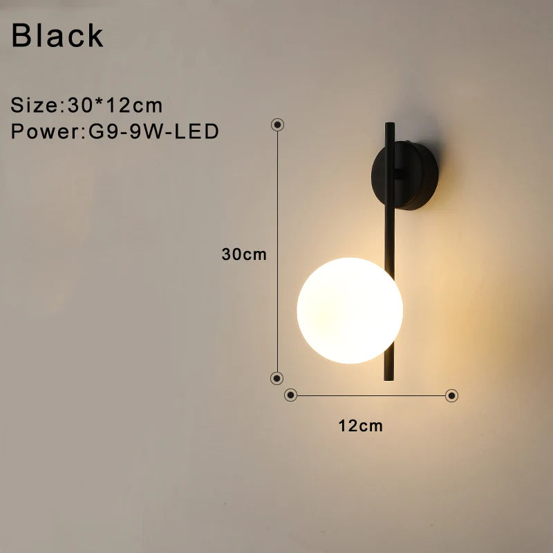 Indoor Glass Ball LED Wall Lamp – Modern Black & Gold Wall Sconce with G9 9W Bulb
