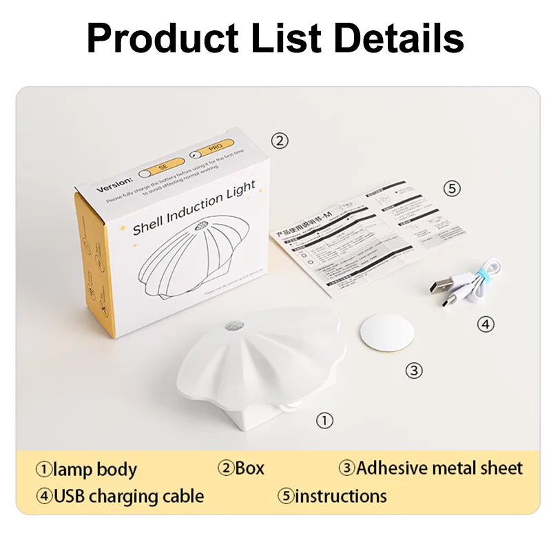 LED Night Light - Motion Sensor Shell Shaped Spotlight with USB Rechargeable Battery