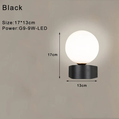 Indoor Glass Ball LED Wall Lamp – Modern Black & Gold Wall Sconce with G9 9W Bulb