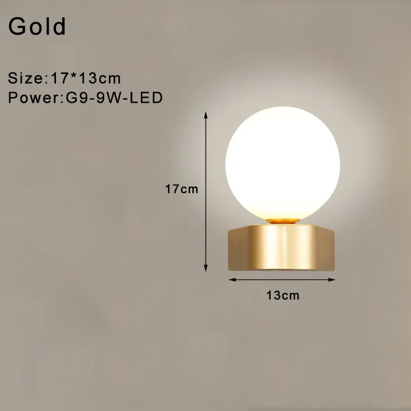 Indoor Glass Ball LED Wall Lamp – Modern Black & Gold Wall Sconce with G9 9W Bulb