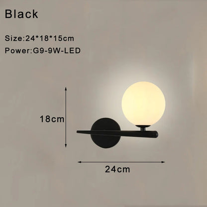 Indoor Glass Ball LED Wall Lamp – Modern Black & Gold Wall Sconce with G9 9W Bulb
